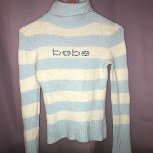 Bebe soft baby blue and white turtleneck top